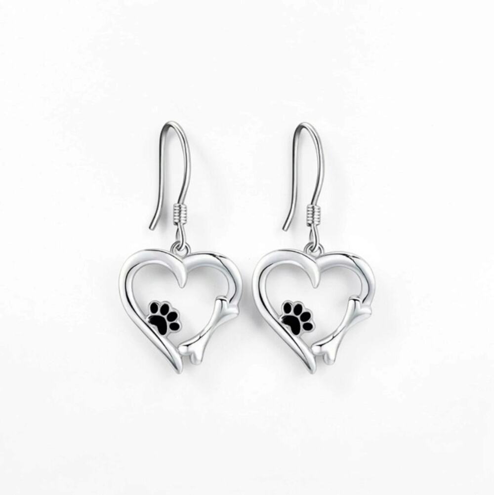 Silver Paw Print Heart Drop Earrings